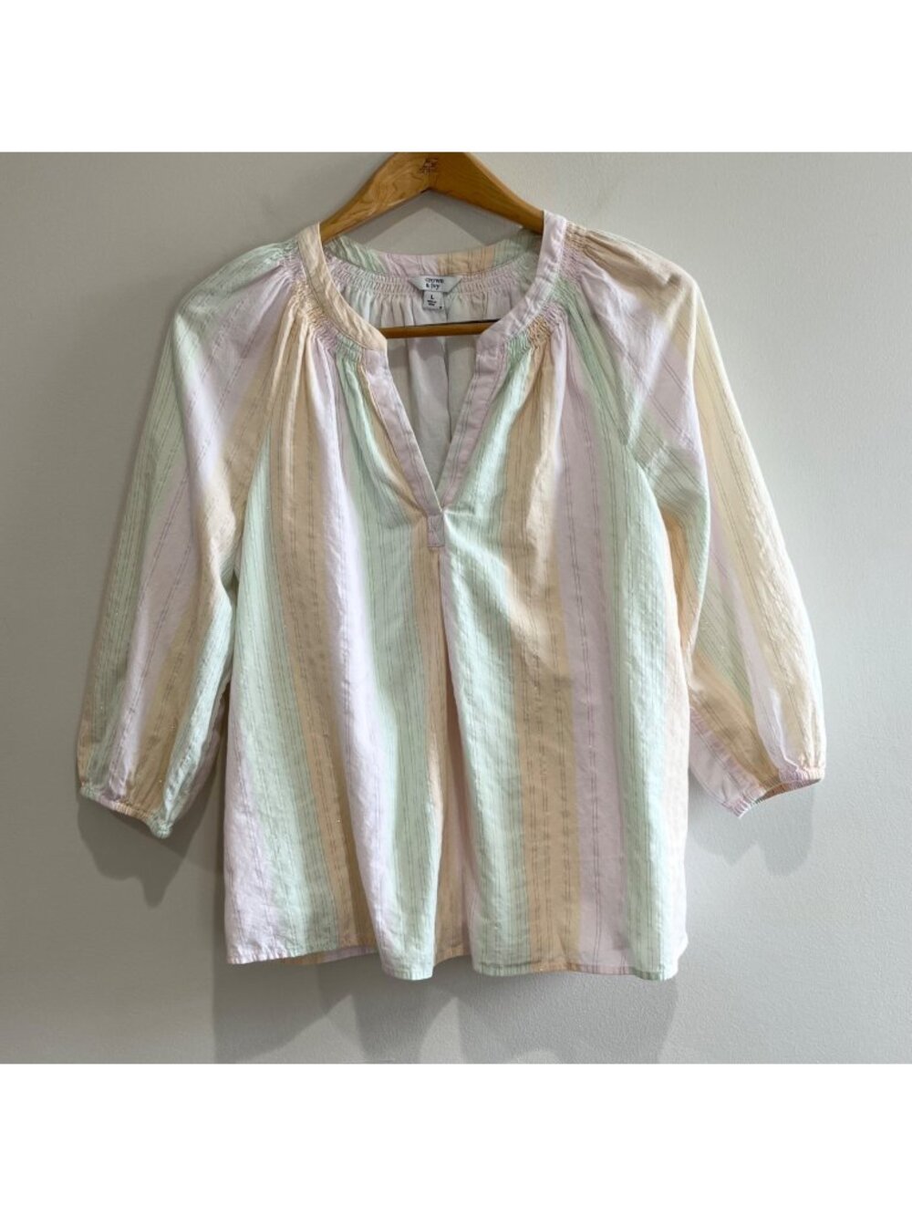 Crown & Ivy Pastel Striped Peasant Blouse Womens L Smocked 3/4 Sleeve
